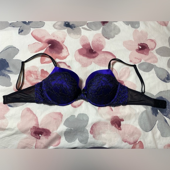 Victorias Secret Lined Demi Buste Double Lace Purple & Black Sexy Bra Size 34DD - Picture 4 of 10